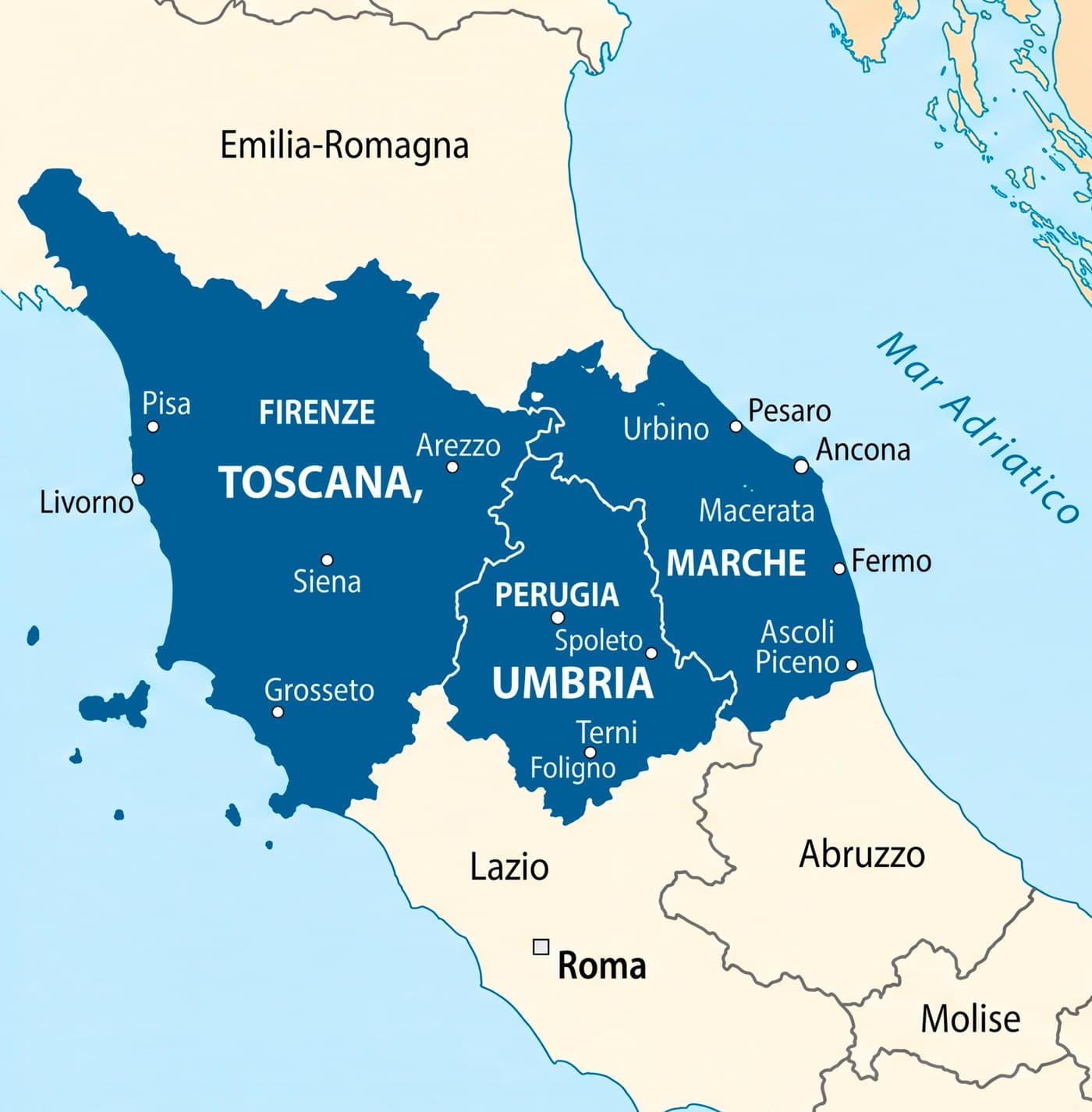 Map of Tuscany, Umbria and Le Marche